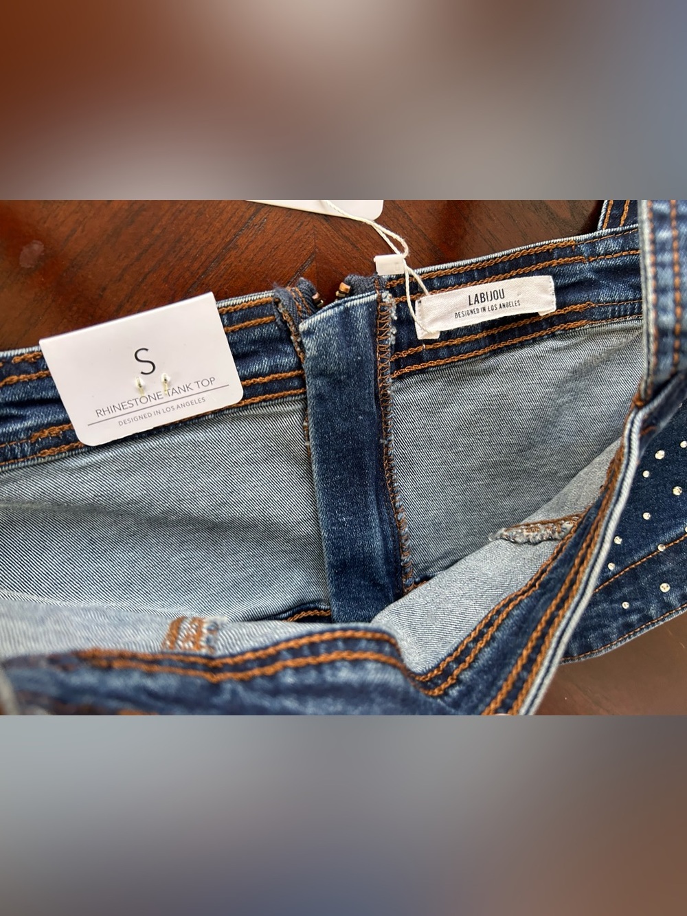 Labijou Dark Blue Denim Pearl-Embellished Crop Top size s - Picture 2 of 5